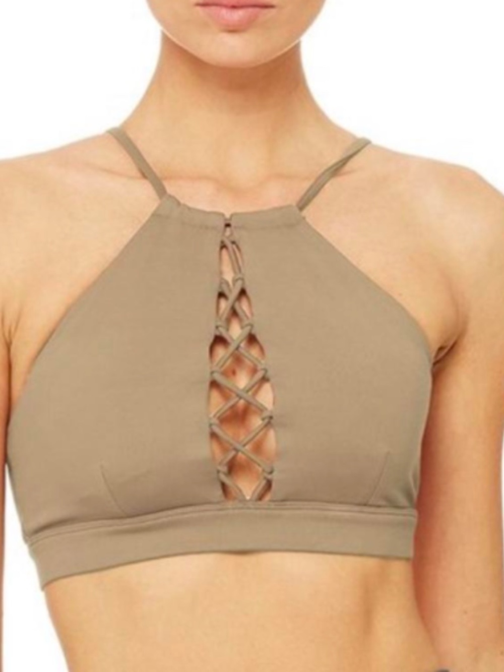 Alo Yoga XS Starlet Lace Up Halter Neck Sports Bra Top Gravel
